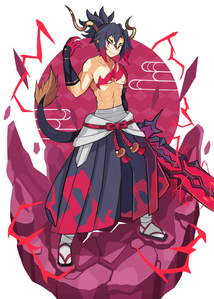 1boy, black_hair, black_hakama, collarbone, colored_skin, disgaea, electricity, fuji_(disgaea)