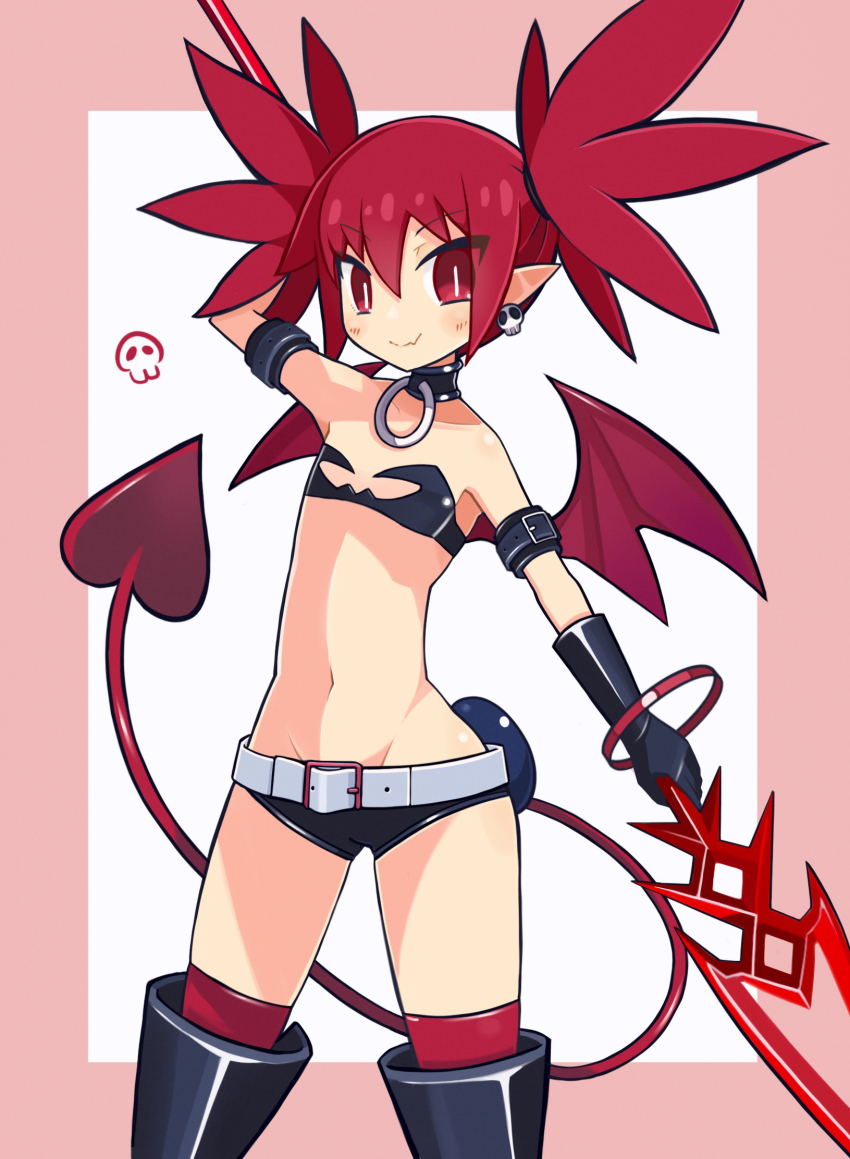 1girl, armlet, bare_shoulders, belt, black_boots, black_bra, black_choker, black_gloves, black_shorts, boots, bra, bracelet, bright_pupils, choker, closed_mouth, cowboy_shot, demon_tail, demon_wings, disgaea, earrings, elbow_gloves, elder_spear, etna_(disgaea), flat_chest, gloves, highres, holding, holding_polearm, holding_weapon, jewelry, looking_at_viewer, makai_senki_disgaea, midriff, navel, pear-shaped_figure, pointy_ears, polearm, red_eyes, red_hair, red_thighhighs, shiny_skin, short_hair, short_shorts, shorts, skull_earrings, slit_pupils, smile, solo, spiked_hair, standing, suaman, tail, thigh_boots, thighhighs, thighs, twintails, underwear, weapon, white_belt, wide_hips, wings