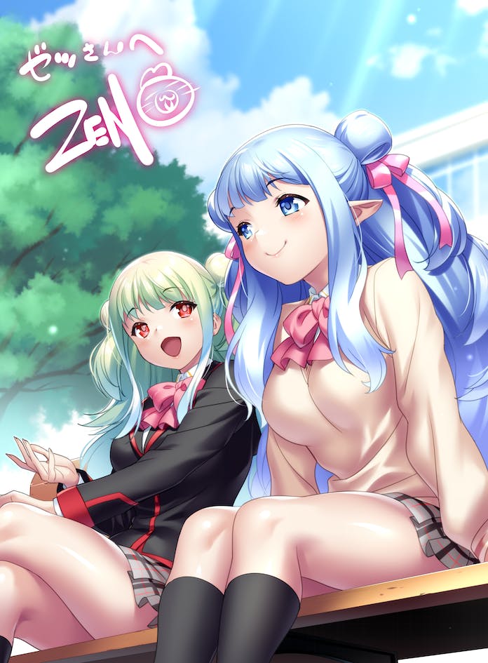 2girls, :d, arm_at_side, black_jacket, black_socks, blue_eyes, blue_hair, blunt_bangs