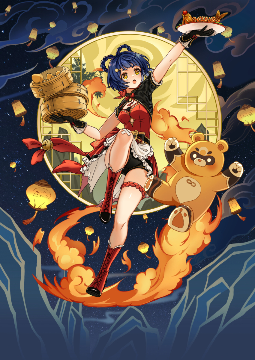 1girl, :o, arm_up, black_gloves, black_shorts, blue_hair, boots, breasts