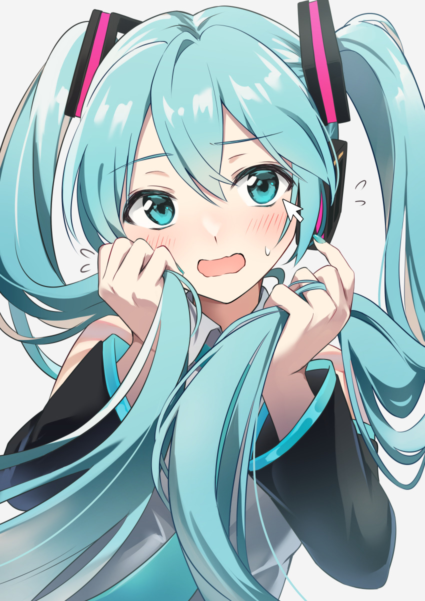 1girl, absurdres, black_sleeves, blue_eyes, blue_hair, blush, detached_sleeves, embarrassed