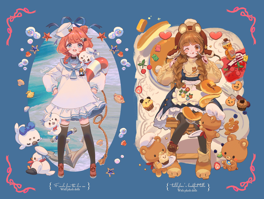 2girls, ;q, animal, animal_ear_fluff, animal_ears, animal_on_shoulder, animal_slippers, ankle_socks