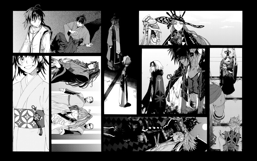 absurdres, archer_(fate/samurai_remnant), armor, assassin_(fate/samurai_remnant), berserker_(fate/samurai_remnant), black_border, border, braid