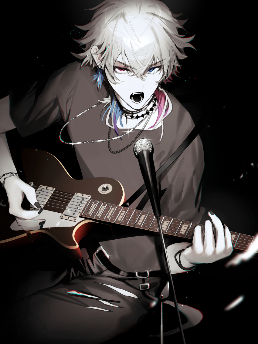 1boy, absurdres, artist_request, belt, black_background, black_belt, black_choker, black_nails, black_pants, blue_eyes, bracelet, choker, gavis_bettel, grey_hair, guitar, hair_between_eyes, heterochromia, highres, holding, holding_plectrum, holostars, holostars_english, instrument, jewelry, karna_desu, looking_at_viewer, medium_hair, microphone, music, nail_polish, necklace, open_mouth, pants, piercing, pink_eyes, pink_hair, playing_instrument, plectrum, singing, solo, spotlight, teeth, virtual_youtuber