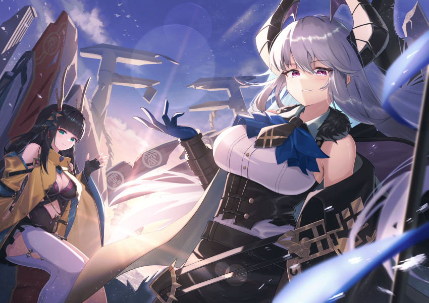 2girls, absurdres, antler_ornament, antlers, ascot, belt, black_belt, black_corset