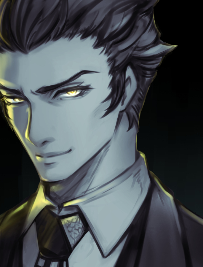 1boy, black_background, black_hair, black_necktie, colored_skin, formal_clothes, grey_skin, hair_slicked_back