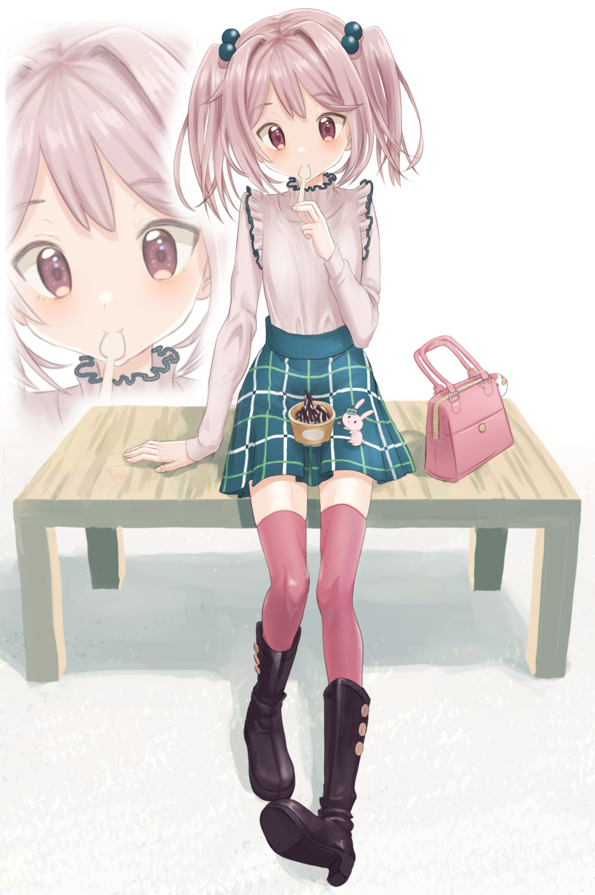 1girl, animal, bag, black_footwear, boots, food, green_skirt, hair_bobbles