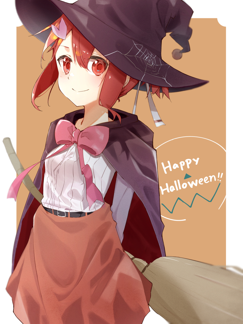1girl, absurdres, arms_behind_back, belt, black_belt, black_cape, black_hat, bow, bowtie, broom, brown_background, brown_skirt, cape, closed_mouth, comadori09, commentary, cowboy_shot, english_text, eyes_visible_through_hair, hair_ornament, hair_ribbon, halloween, halloween_costume, happy_halloween, hat, high-waist_skirt, highres, holding, holding_behind_back, holding_broom, long_sleeves, looking_at_viewer, miniskirt, pink_bow, pink_bowtie, red_eyes, red_hair, ribbon, shirt, short_hair, skirt, smile, solo, white_ribbon, white_shirt, witch_hat, yuuki_yuuna, yuuki_yuuna_wa_yuusha_de_aru, yuusha_de_aru