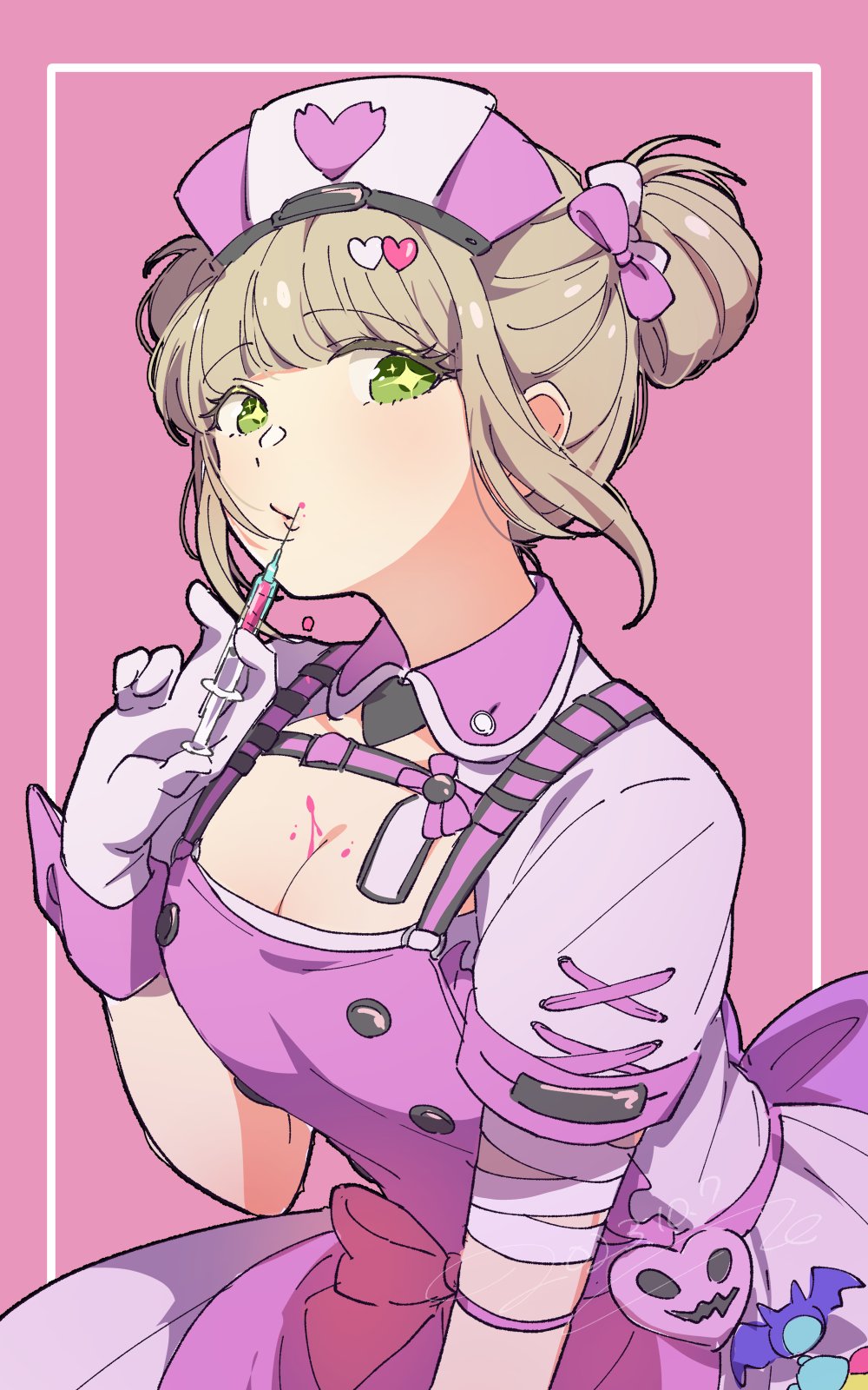 1girl, apron, blush, breasts, cleavage, dated, double_bun, gloves, goddess_of_victory:_nikke, green_eyes, hair_bun, halloween_costume, hat, highres, holding, holding_syringe, lips, medium_breasts, niki_(nikism1987), novel_(detective_nurse)_(nikke), novel_(nikke), nurse, nurse_cap, panties, parted_lips, purple_apron, purple_gloves, short_hair, solo, syringe, underwear