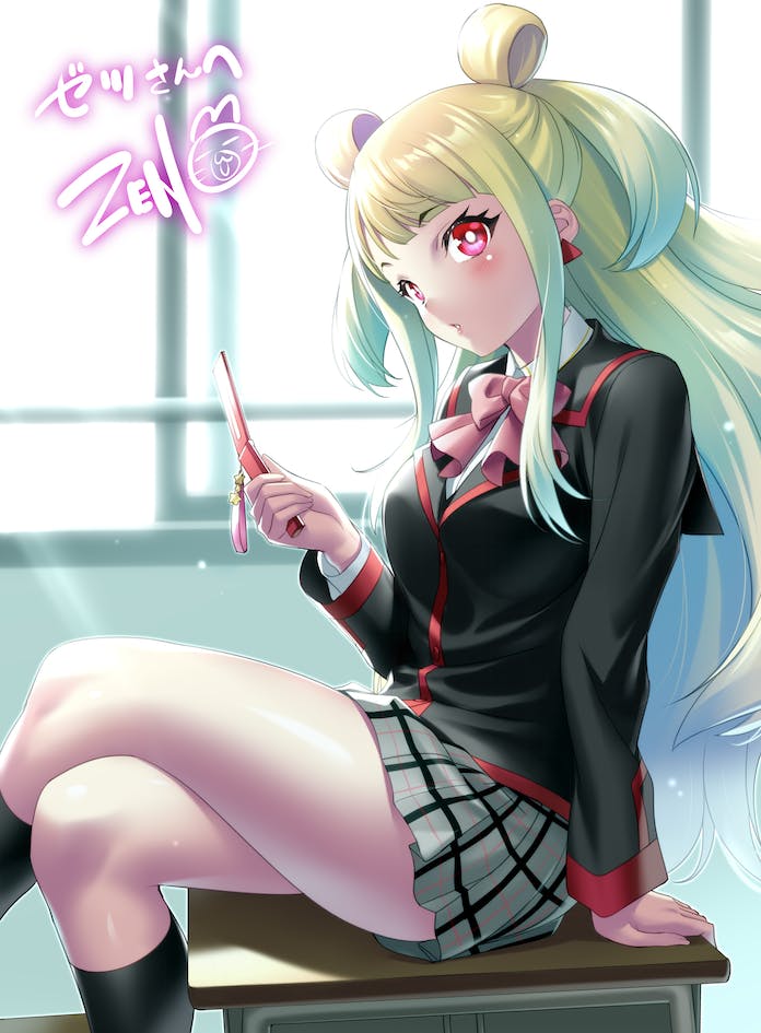 1girl, alternate_costume, arm_support, black_jacket, black_socks, blonde_hair, blunt_bangs, blurry