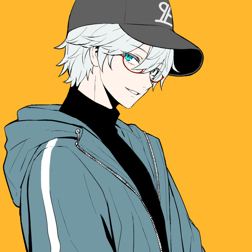 1boy, black_shirt, blue_eyes, chaos_(under_night_in-birth), glasses, grey_headwear, highres, hood