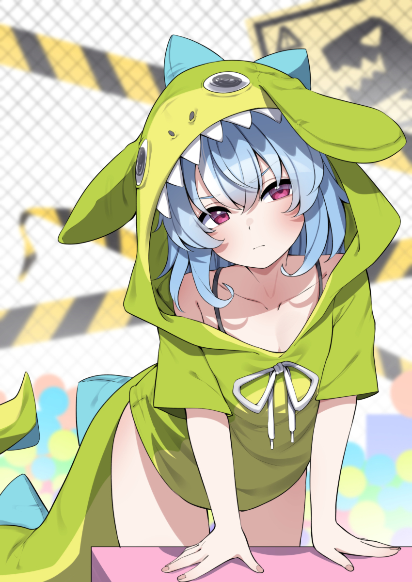 1girl, absurdres, blue_hair, blurry, blurry_background, caution_tape, closed_mouth, collarbone