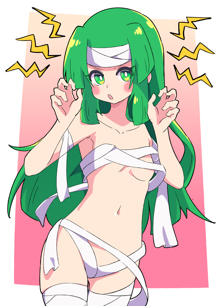 1girl, absurdres, arms_up, blush_stickers, breasts, buzzlyears, capcom, collarbone, female_focus, gradient_background, green_eyes, green_hair, headband, highres, lightning_bolt_symbol, long_hair, looking_at_viewer, mega_man_(series), mega_man_battle_network, mummy_costume, navel, open_mouth, sal_(mega_man), simple_background, small_breasts, solo