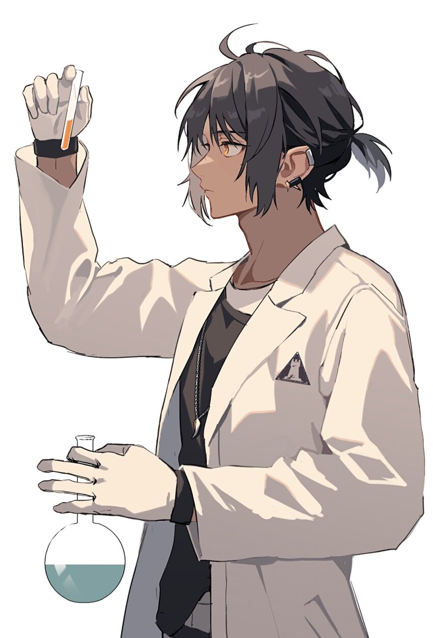 1boy, arknights, black_hair, black_shirt, coat, dark-skinned_male, dark_skin, earclip