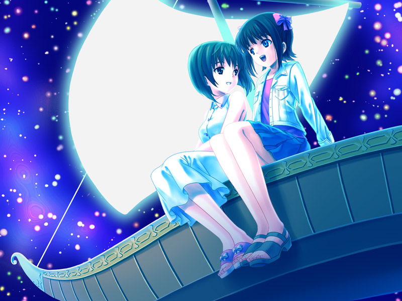 2girls, amami_haruka, bad_id, bad_pixiv_id, bare_shoulders, black_hair, blue_eyes, boat