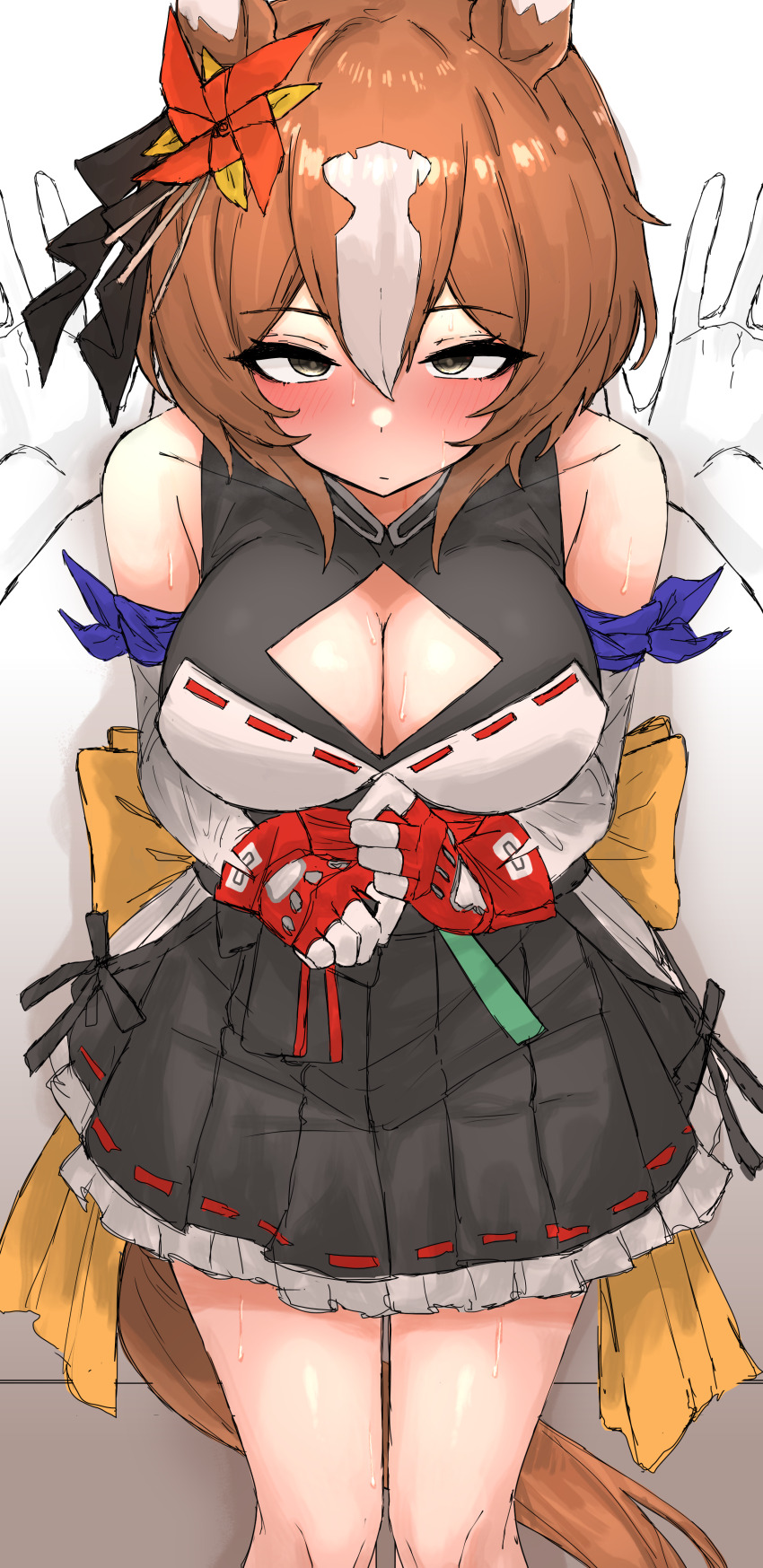 1girl, absurdres, animal_ears, bare_shoulders, black_skirt, blush, breasts, brown_eyes