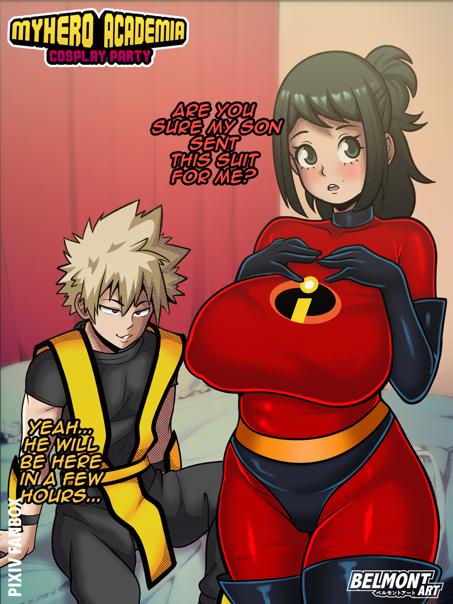 1boy, 1girl, age_difference, artist_name, bakugou_katsuki, bed, bedroom, belmont_art, black_gloves, blonde_hair, bodysuit, boku_no_hero_academia, breast_suppress, breasts, copyright_name, cosplay, covered_erect_nipples, curtains, curtsey, elastigirl, elastigirl_(cosplay), elbow_gloves, english_text, facing_viewer, gloves, green_eyes, green_hair, hand_on_own_chest, helen_parr, helen_parr_(cosplay), highres, huge_breasts, imminent_penetration, indoors, large_breasts, looking_at_another, mature_female, midoriya_inko, mortal_kombat_(series), open_mouth, red_bodysuit, red_eyes, scorpion_(mortal_kombat), scorpion_(mortal_kombat)_(cosplay), seductive_smile, sideways_glance, sitting, skin_tight, smile, spiked_hair, standing, teeth, the_incredibles, upper_teeth_only