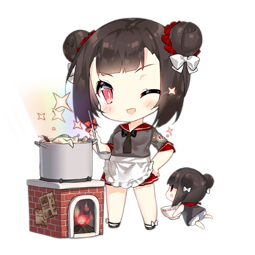 2girls, apron, artist_request, black_necktie, black_shoes, blush, blush_stickers, bowl, brick, brick_oven, brown_dress, chibi, chicken_(food), cooking_fairy_(girls'_frontline), cooking_pot, double_bun, dress, fairy_(girls'_frontline), fire, firewood, floating, food, footwear_ribbon, full_body, girls'_frontline, grey_shirt, hair_bun, hair_ornament, hair_ribbon, hair_scrunchie, hand_on_own_hip, holding, holding_bowl, holding_ladle, ladle, looking_at_viewer, multiple_girls, necktie, no_socks, official_art, one_eye_closed, oven, pleated_skirt, poster_(object), rainbow, red_ribbon, red_sailor_collar, red_scrunchie, red_skirt, ribbon, sailor_collar, scrunchie, shirt, shoes, short_hair, short_sleeves, simple_background, skirt, slit_pupils, smile, soup, soup_ladle, sparkle, standing, third-party_source, transparent_background, waist_apron, white_ribbon, |_|