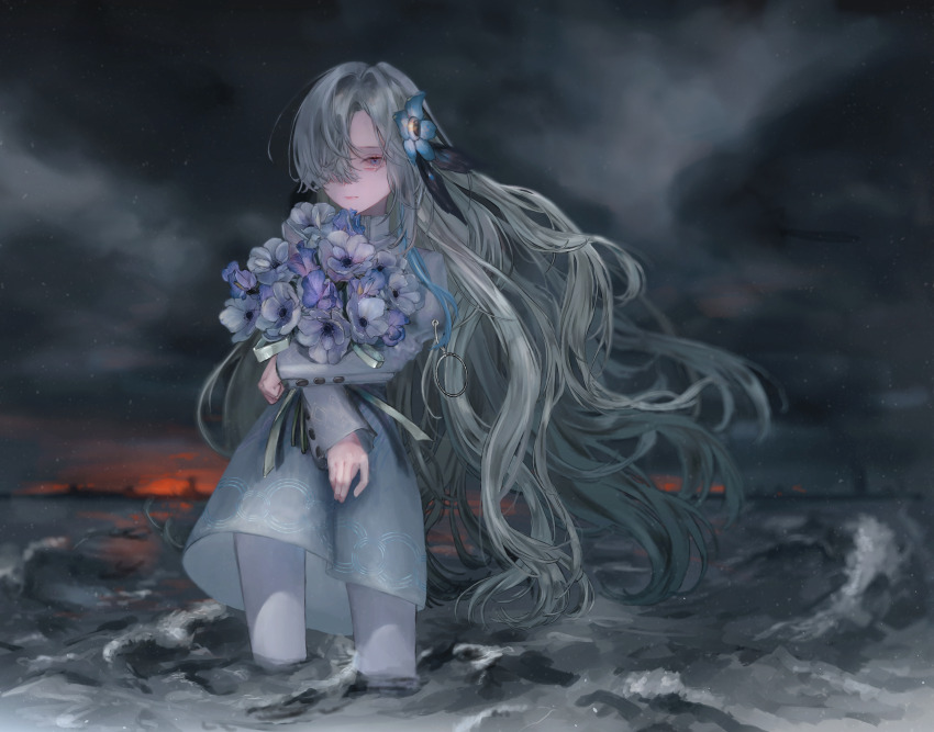 1girl, absurdres, blue_eyes, blue_flower, blue_hair, bouquet, dress, expressionless, floating_hair, flower, grey_hair, hair_flower, hair_ornament, hair_over_one_eye, highres, holding, holding_bouquet, isekaijoucho, jinniku_mongolian_inu, kamitsubaki_studio, long_hair, long_sleeves, looking_at_viewer, multicolored_hair, outdoors, overcast, pantyhose, sky, solo, two-tone_hair, very_long_hair, virtual_youtuber, wading, water, white_pantyhose, wind