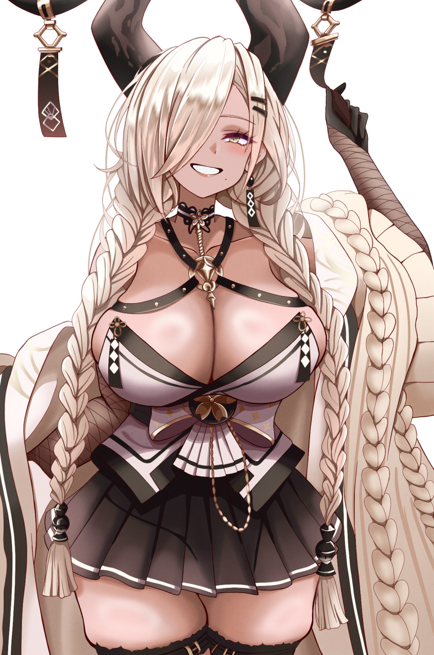 1girl, asymmetrical_bangs, azur_lane, braid, breasts, brown_horns, cardigan, cleavage, dark-skinned_female, dark_skin, fishnet_gloves, fishnets, gloves, hair_over_one_eye, hand_up, highres, horn_ornament, horns, kokonoe910, large_breasts, large_horns, long_bangs, low_twin_braids, miniskirt, mole, mole_under_mouth, one_eye_covered, owari_(azur_lane), pleated_skirt, ribbed_cardigan, skirt, smile, strapless_kimono, twin_braids, white_background