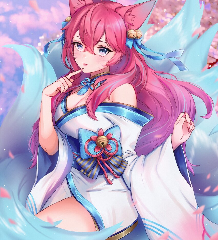 1girl, absurdres, ahri_(league_of_legends), animal_ear_fluff, animal_ears, bell, blue_bow, blue_collar, blue_eyes, blue_tail, bow, breasts, cherry_blossoms, cleavage, collar, crossed_bangs, detached_collar, ella_7737, facial_mark, fingernails, fox_ears, fox_girl, fox_tail, hair_bell, hair_bow, hair_ornament, highres, japanese_clothes, kimono, kitsune, kyuubi, large_breasts, league_of_legends, low_neckline, multiple_tails, pink_hair, pink_nails, sharp_fingernails, solo, spirit_blossom_ahri, striped_bow, tail, whisker_markings, white_kimono