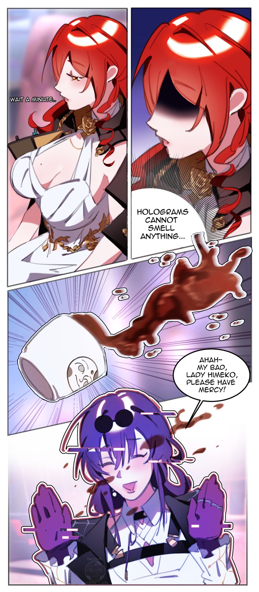 2girls, black_gloves, breasts, closed_eyes, coffee, cup, english_text, eyewear_on_head