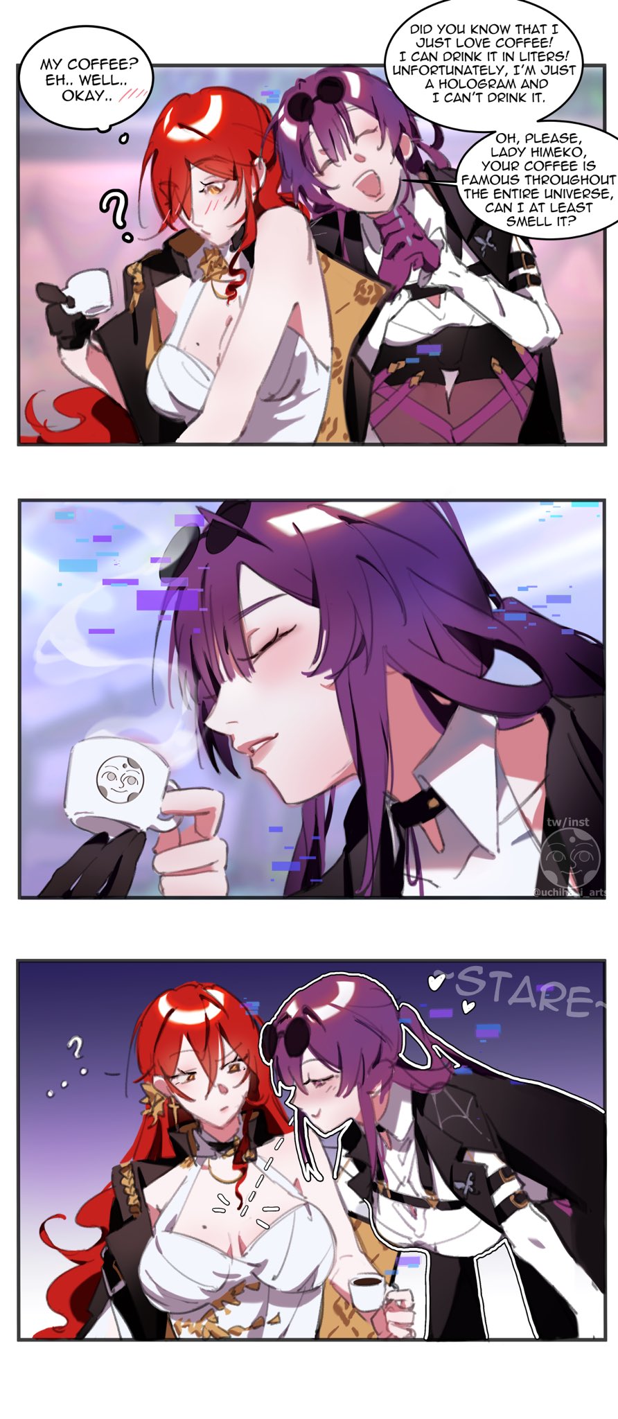 2girls, black_gloves, blush, breasts, closed_eyes, coffee, cup, english_text, eyewear_on_head, gloves, highres, himeko_(honkai:_star_rail), hologram, honkai:_star_rail, honkai_(series), kafka_(honkai:_star_rail), large_breasts, looking_at_breasts, mole, mole_on_breast, multiple_girls, open_mouth, purple_hair, red_hair, single_glove, teeth, uchiha_i_arts, upper_teeth_only, yuri