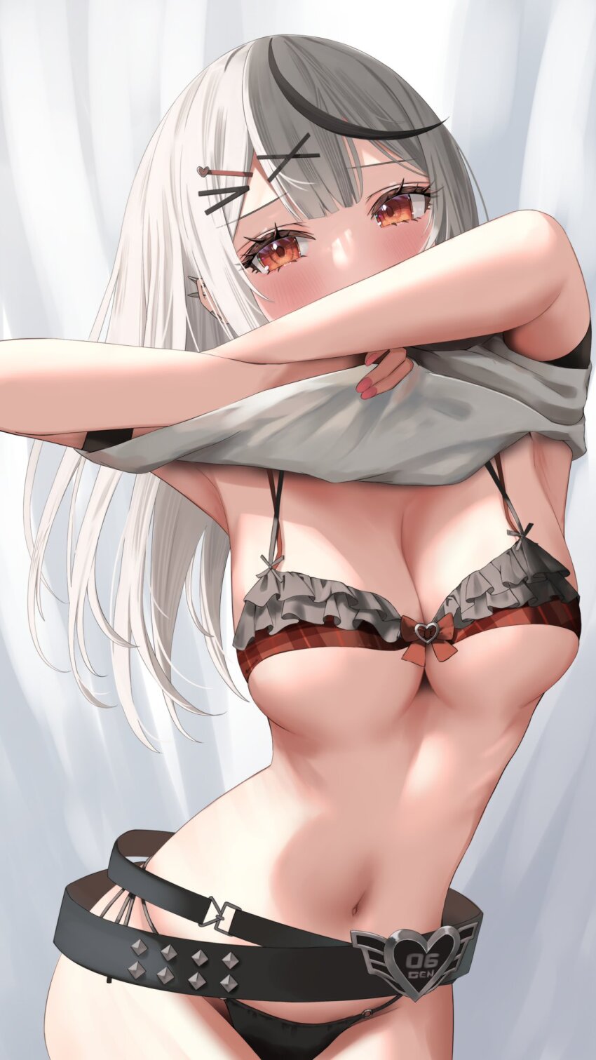 1girl, arale_(ara1e), armband, belt, bikini, blush, breasts, cleavage, clothes_lift, covered_mouth, curtains, ear_piercing, frilled_bikini, frills, grey_hair, hair_ornament, highres, hololive, lifting_own_clothes, long_hair, looking_at_viewer, medium_breasts, multicolored_hair, navel, piercing, red_eyes, sakamata_chloe, shirt, shirt_lift, side-tie_bikini_bottom, solo, streaked_hair, swimsuit, upper_body, virtual_youtuber, white_shirt, x_hair_ornament