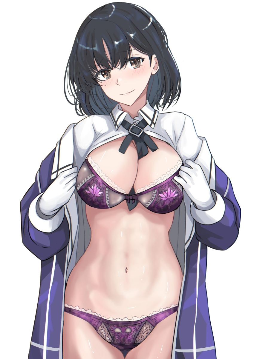 1girl, absurdres, black_hair, bra, breasts, closed_mouth, cowboy_shot, gloves, grey_eyes, haguro_(kancolle), haguro_kai_ni_(kancolle), highres, jacket, kantai_collection, ken_(shutenndouji1), large_breasts, long_sleeves, military_uniform, navel, open_clothes, open_jacket, open_shirt, panties, purple_bra, purple_jacket, purple_panties, short_hair, simple_background, smile, solo, standing, underwear, white_background, white_gloves