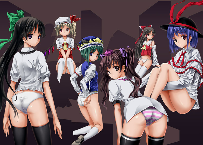 6+girls, adjusting_clothes, adjusting_panties, ass, bent_over, black_thighhighs, bottomless, female_focus
