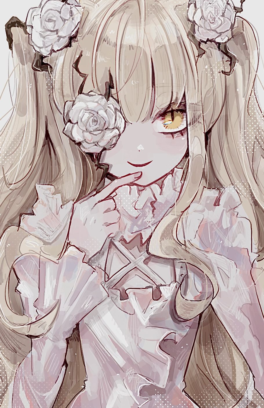 1girl, blonde_hair, commentary_request, flat_chest, flower, flower_over_eye, frilled_shirt, frills