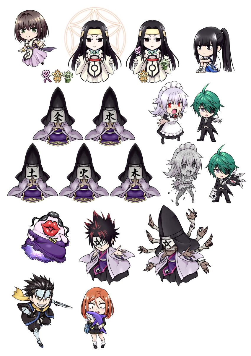 3boys, 5girls, alternate_costume, apron, ayakashi_triangle, brown_hair, character_request, chibi