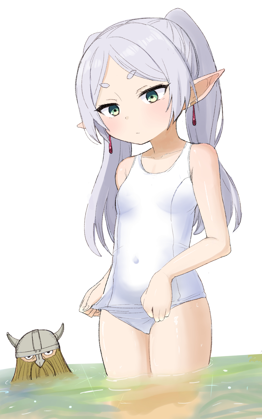 1boy, 1girl, beard, breasts, brown_hair, closed_mouth, clothes_pull, collarbone, covered_navel, cowboy_shot, earrings, eisen_(sousou_no_frieren), elf, facial_hair, fake_horns, frieren, green_eyes, grey_hair, helmet, highres, horned_helmet, horns, jewelry, long_hair, okayu_(okayushop), one-piece_swimsuit, partially_submerged, pointy_ears, small_breasts, solo_focus, sousou_no_frieren, standing, swimsuit, thighs, twintails, wading, white_one-piece_swimsuit