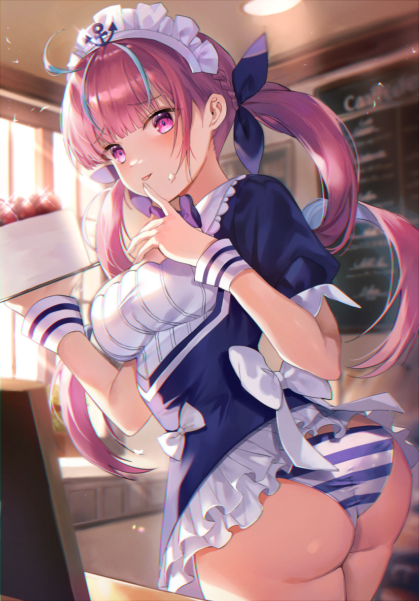 1girl, absurdres, anchor_symbol, ass, back_bow, blue_bow, blue_bowtie, blue_dress, blue_hair, blue_panties, blue_ribbon, bow, bowtie, braid, breasts, cake, colored_inner_hair, dress, food, food_on_face, frilled_dress, frills, hair_ribbon, highres, holding, holding_plate, hololive, interior, jjamu, long_hair, maid, maid_headdress, medium_breasts, minato_aqua, minato_aqua_(1st_costume), multicolored_hair, panties, pink_eyes, pink_hair, plate, ribbon, short_dress, solo, strawberry_cake, striped_clothes, striped_panties, striped_wrist_cuffs, tongue, underwear, virtual_youtuber, wedgie, white_bow, white_panties, white_wrist_cuffs, wrist_cuffs
