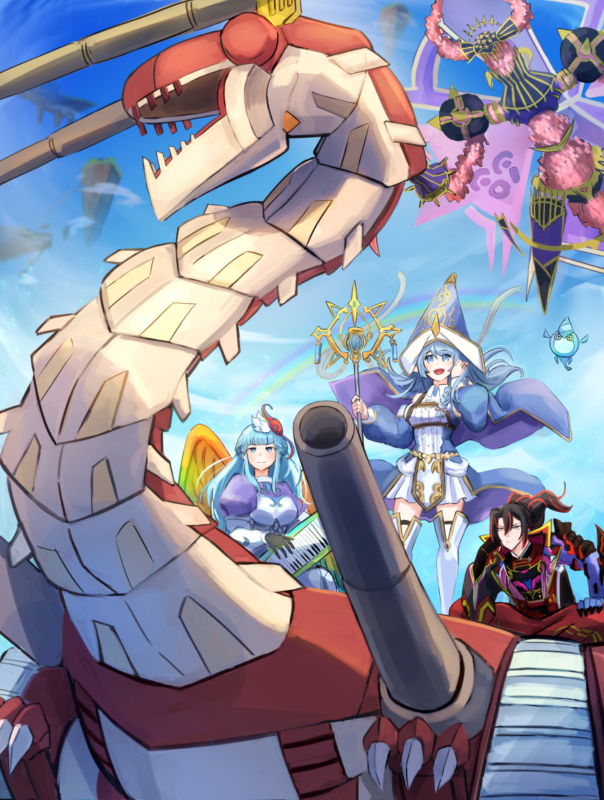 1boy, 2girls, 2others, absurdres, angel, angel_wings, armor, armored_dress, astral_kuriboh, black_hair, black_shirt, blue_dress, blue_eyes, blue_hair, bored, cannon, caterpillar_tracks, commission, commissioner_upload, detached_sleeves, dragon, dress, duel_monster, elf, floating_rock, flying, fusilier_dragon_the_dual-mode_beast, gauntlets, hand_on_own_chin, hat, hatano_kiyoshi, highres, holding, holding_staff, instrument, kashtira_riseheart, keytar, long_hair, multicolored_hair, multiple_girls, multiple_others, non-humanoid_robot, number_76_harmonizer_gradielle, number_89_diablosis_the_mind_hacker, outdoors, pants, pixiv_commission, pointy_ears, ponytail, purple_eyes, rainbow, rainbow_wings, red_hair, red_pants, robot, robot_animal, shirt, sitting, sky, staff, standing, strapless, strapless_dress, thighhighs, water_enchantress_of_the_temple, wings, witch_hat, yu-gi-oh!, zettai_ryouiki