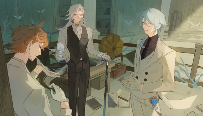 3boys, ahoge, asymmetrical_bangs, black_bow, black_necktie, black_pants, black_ribbon, black_shirt, black_vest, blue_hair, book, bookshelf, bow, branch, bug, buttons, cane, chalice, closed_mouth, collared_shirt, commentary_request, cowboy_shot, crystalfly_(genshin_impact), cup, double-breasted, frilled_sleeves, frills, genshin_impact, glove_pull, gloves, hair_between_eyes, hair_bow, hair_over_shoulder, hair_ribbon, hands_up, highres, holding, holding_cane, holding_cup, indoors, jacket, kamisato_ayato, l78154477, lapels, light_particles, long_hair, long_sleeves, looking_at_viewer, low-tied_long_hair, male_focus, medium_hair, mole, mole_under_mouth, multicolored_hair, multiple_boys, necktie, neuvillette_(genshin_impact), open_mouth, orange_hair, own_hands_together, pants, parted_bangs, phonograph, power_connection, profile, purple_eyes, railing, ribbon, shirt, short_hair, sideways_glance, smile, standing, streaked_hair, swept_bangs, table, tartaglia_(genshin_impact), tassel, very_long_hair, vest, vision_(genshin_impact), white_gloves, white_hair, white_jacket, white_pants, white_shirt
