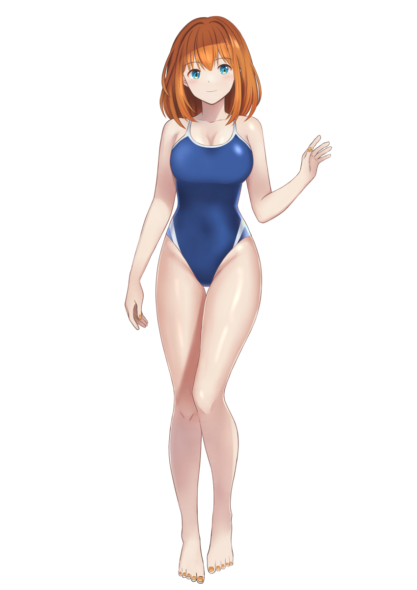 1girl, absurdres, blue_eyes, blue_one-piece_swimsuit, breasts, cleavage, competition_swimsuit, full_body, funaki_kanase, highres, looking_at_viewer, medium_breasts, medium_hair, multicolored_swimsuit, nail_polish, one-piece_swimsuit, orange_hair, orange_nails, original, simple_background, smile, solo, standing, swimsuit, thigh_gap, toenail_polish, toenails, white_background