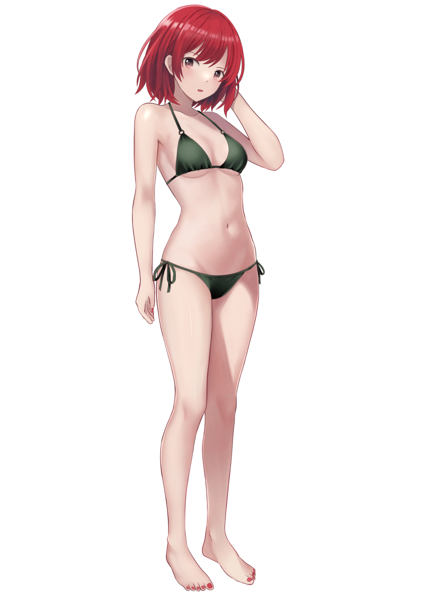 1girl, absurdres, barefoot, bikini, bob_cut, breasts, full_body, funaki_kanase, green_bikini, highres, nail_polish, original, red_eyes, red_hair, red_nails, short_hair, side-tie_bikini_bottom, simple_background, small_breasts, solo, standing, swimsuit, toenail_polish, toenails, white_background