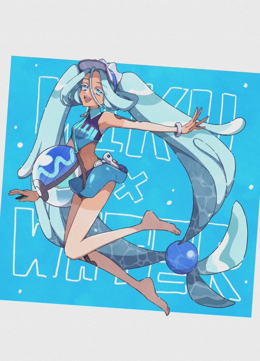 1girl, ball, barefoot, beachball, blue_eyes, blue_hair, colored_eyelashes, dive_ball, domidomi444, hair_between_eyes, hair_ornament, hatsune_miku, highres, long_hair, nintendo, open_mouth, piano_print, poke_ball, pokemon, potion_(pokemon), project_voltage, smile, swimsuit, tan, tanline, twintails, very_long_hair, visor_cap, vocaloid, water_miku_(project_voltage)