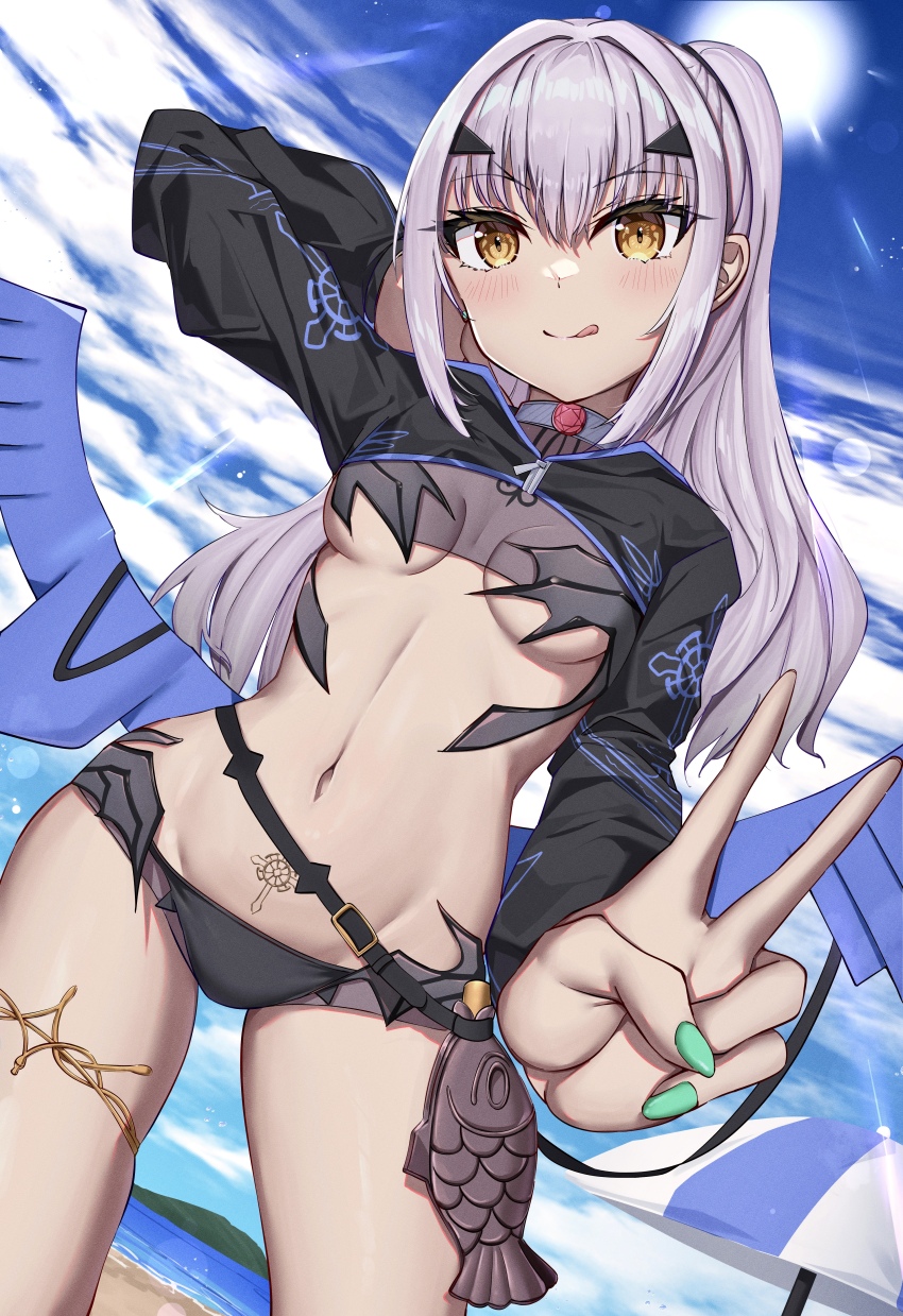1girl, absurdres, arm_behind_head, arm_up, beach, bikini, black_bikini, black_jacket