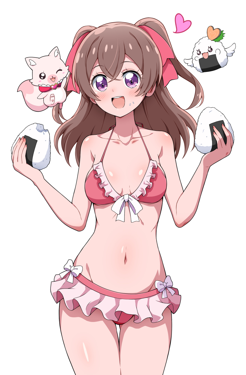 1girl, absurdres, bikini, brown_hair, collarbone, delicious_party_precure, eggman_(ni_tamagoex), food, frilled_bikini, frills, groin, heart, highres, kome-kome, nagomi_yui, navel, onigiri, pink_bikini, precure, purple_eyes, recipipi, simple_background, smile, swimsuit, thigh_gap, two_side_up, white_background