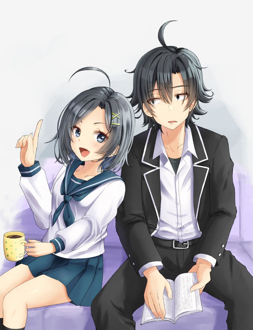 1boy, 1girl, :d, absurdres, ahoge, belt, black_eyes, black_hair, black_jacket, black_pants, blue_skirt, book, brother_and_sister, collared_shirt, cup, drink, hair_between_eyes, hair_ornament, highres, hikigaya_hachiman, hikigaya_komachi, holding, holding_book, holding_cup, index_finger_raised, jacket, long_sleeves, looking_at_another, looking_at_viewer, open_mouth, pants, pdnt, pleated_skirt, sailor_collar, sailor_shirt, school_uniform, sharp_teeth, shirt, short_hair, siblings, sitting, skirt, smile, teeth, tongue, white_shirt, x_hair_ornament, yahari_ore_no_seishun_lovecome_wa_machigatteiru.