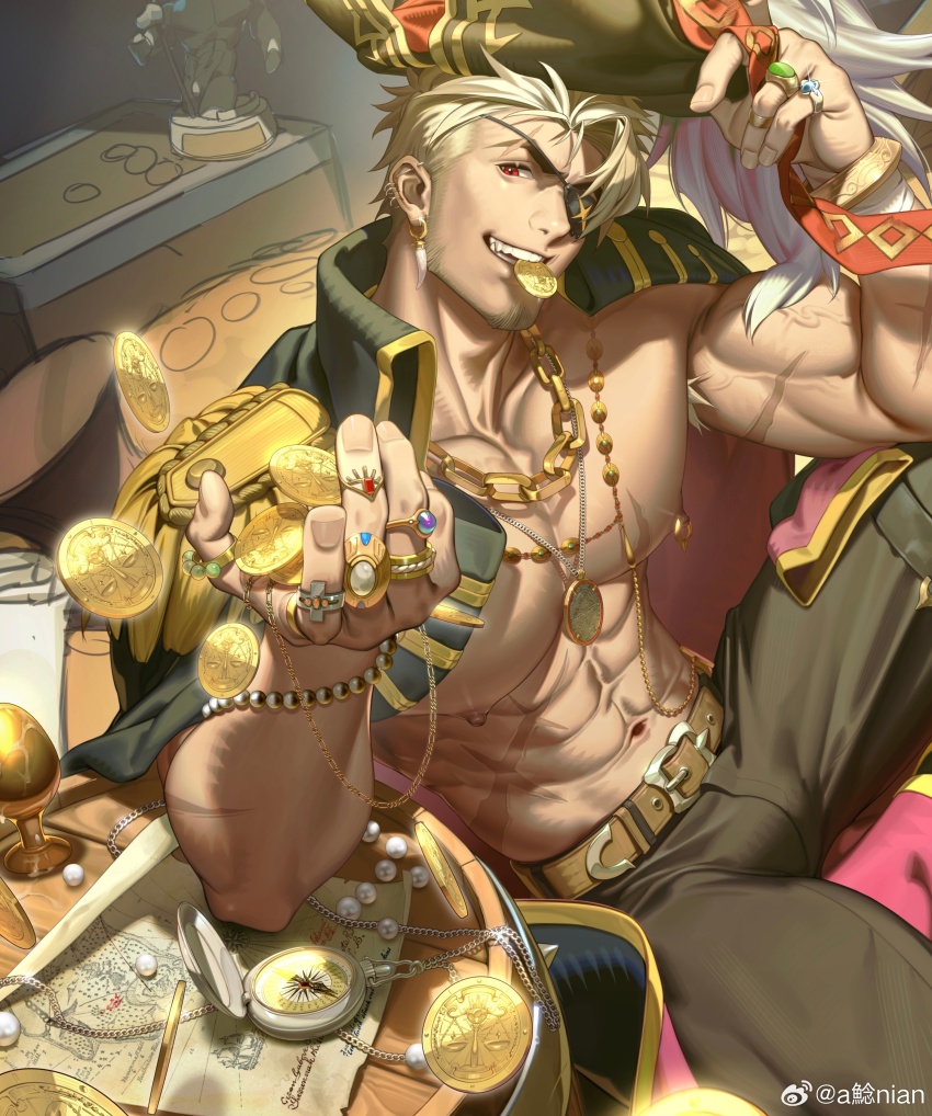 1boy, abs, absurdres, bara, bara_pirate, bare_pectorals, beard, blonde_hair, bulge, chiizu_namasu, coat, coat_on_shoulders, coin, eyepatch, facial_hair, feet_out_of_frame, from_above, gold_coin, hat, highres, large_pectorals, male_focus, mature_male, mouth_hold, muscular, muscular_male, navel, nipples, original, pants, pectorals, pirate_costume, pirate_hat, red_eyes, scar, scar_on_arm, scar_on_chest, short_hair, smile, solo, thick_eyebrows, throwing, veins, veiny_arms