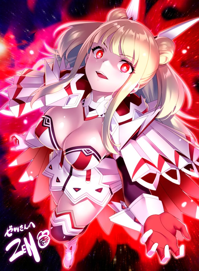 1girl, aura, black_background, black_thighhighs, blonde_hair, blunt_bangs, breasts, bright_pupils