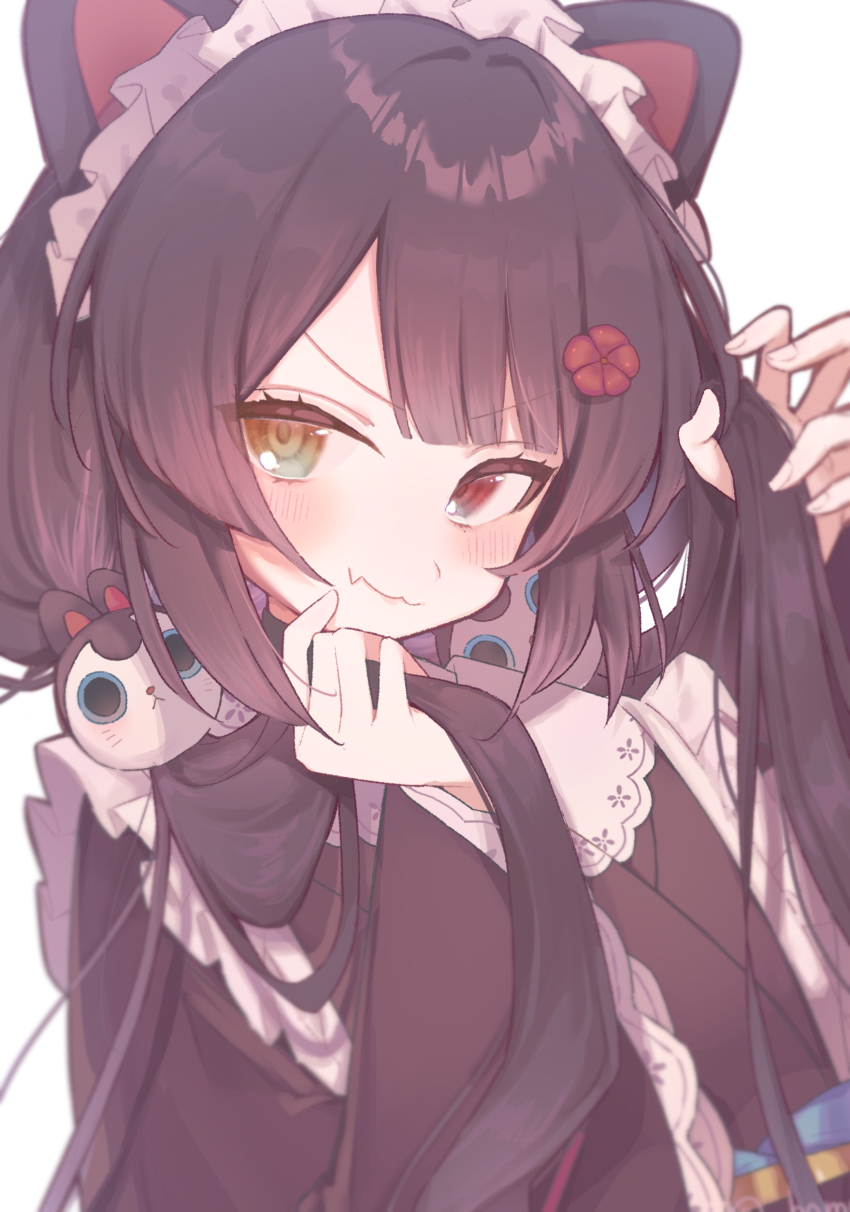 1girl, absurdres, animal_ears, black_kimono, brown_hair, dog_ears, fang, hamunama