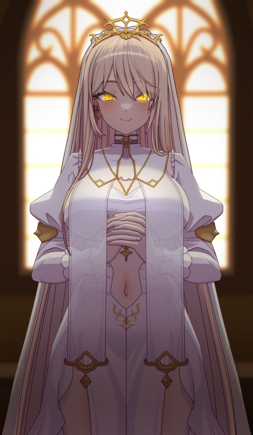 1girl, absurdres, blonde_hair, breasts, dress, earrings, highres, jewelry, juliet_sleeves, large_breasts, long_hair, long_sleeves, navel, nijisanji, nui_sociere, nui_sociere_(6th_costume), official_alternate_costume, own_hands_together, palenitre, priestess, puffy_sleeves, smile, solo, tiara, veil, very_long_hair, virtual_youtuber, white_dress, white_veil, yellow_eyes