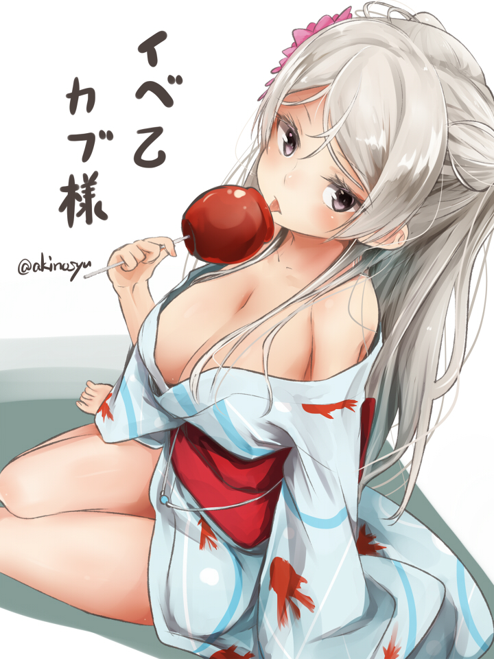 1girl, akino_shuu, barefoot, blue_kimono, breasts, brown_eyes, candy_apple, cleavage
