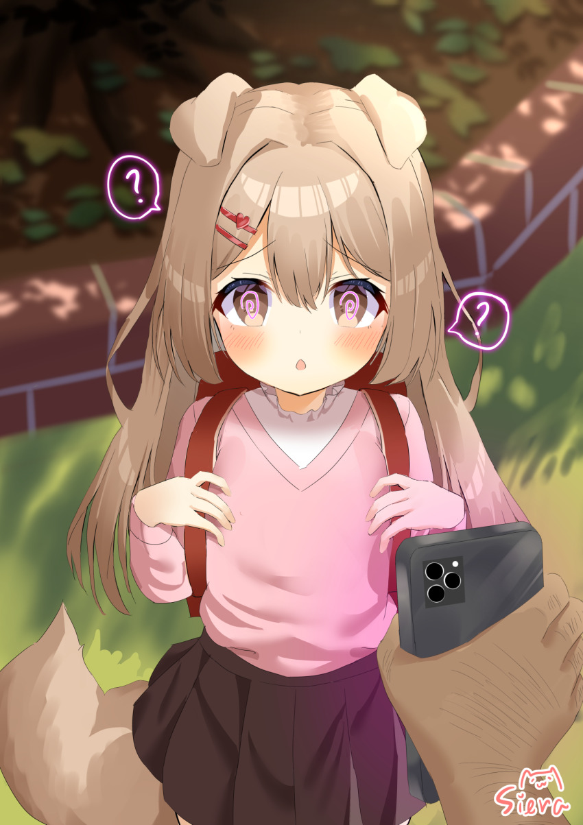 1boy, 1girl, :o, ?, @_@, animal_ears, backpack, bag, black_skirt, blush, brown_eyes, brown_hair, cellphone, commentary_request, cowboy_shot, dog_ears, dog_girl, dog_tail, double-parted_bangs, flat_chest, hair_between_eyes, hair_ornament, hairclip, hetero, highres, holding, holding_phone, loli, long_hair, looking_at_viewer, male_hand, mind_control, miniskirt, open_mouth, original, outdoors, paid_reward_available, phone, pink_sweater, pleated_skirt, pov, pov_hands, red_bag, shirt, siera_(sieracitrus), skirt, smartphone, solo_focus, speech_bubble, spoken_question_mark, standing, sweater, tail, white_shirt