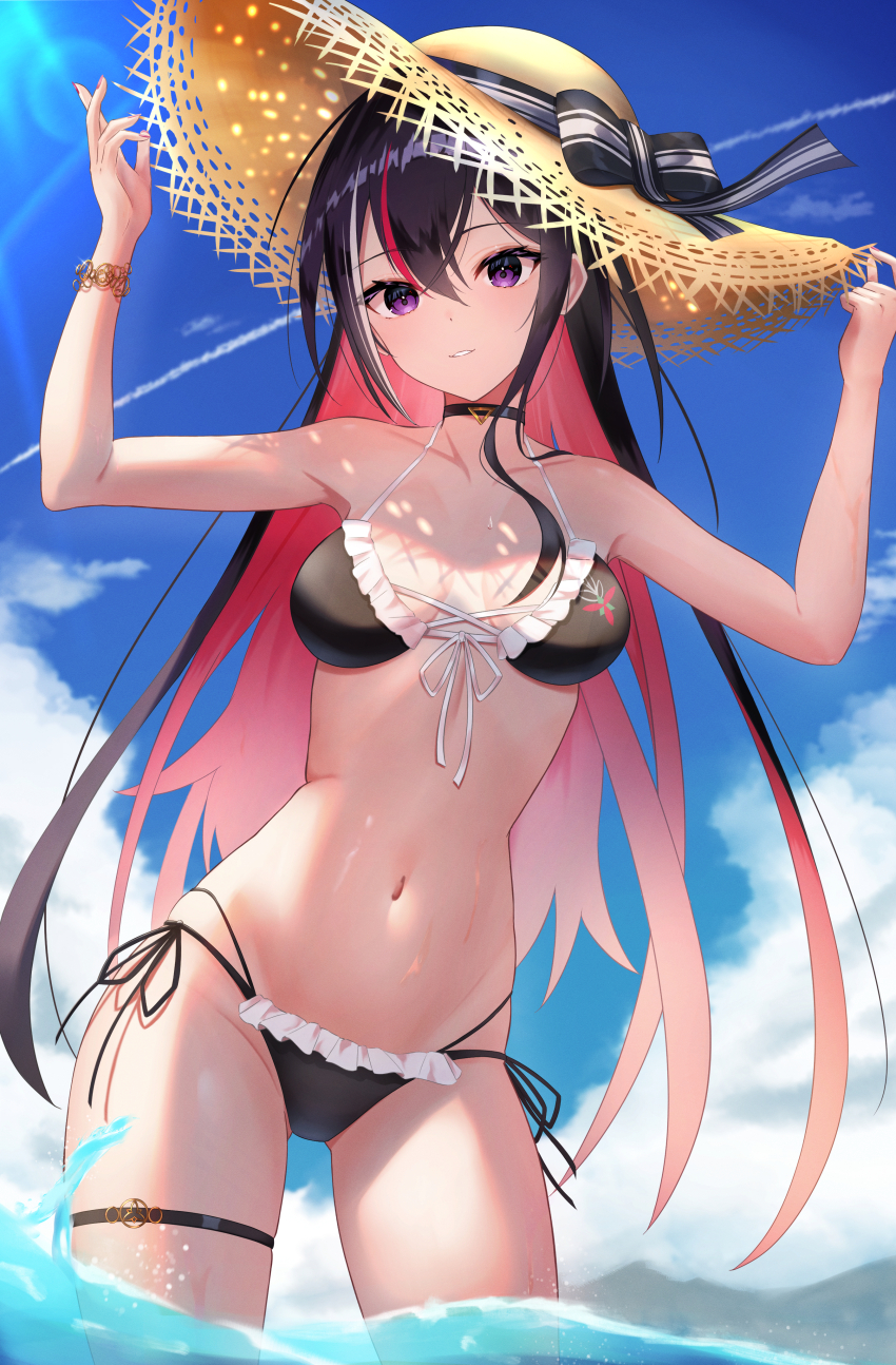 absurdres, azki_(hololive), bare_shoulders, black_hair, hat, highres, hololive, long_hair