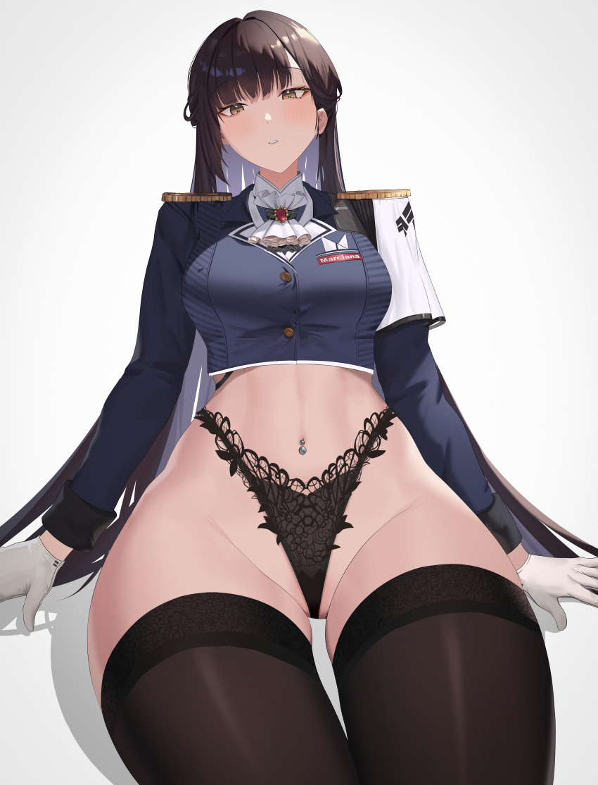 1girl, absurdres, black_hair, black_panties, black_shirt, blush, breasts, capelet, curvy, epaulettes, gloves, goddess_of_victory:_nikke, highleg, highleg_panties, highres, large_breasts, long_hair, looking_at_viewer, marciana_(nikke), navel, navel_piercing, no_pants, panties, parted_lips, piercing, pumi_puru, shirt, simple_background, sitting, thighhighs, underwear, white_background, white_capelet, white_gloves, yellow_eyes